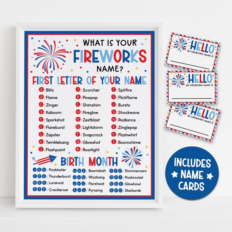 Fireworks Name Game Printable, Patriotic Party Game for Kids Adults ...