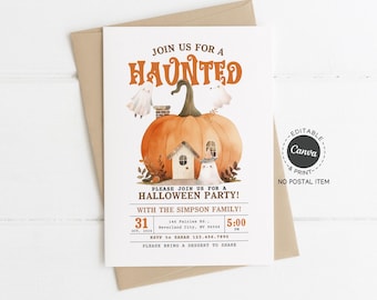 Halloween Party Invitation Printable, Haunted Pumpkin House Invite, Editable Canva Template, Ghost Theme Halloween Card, Fall Party Invite