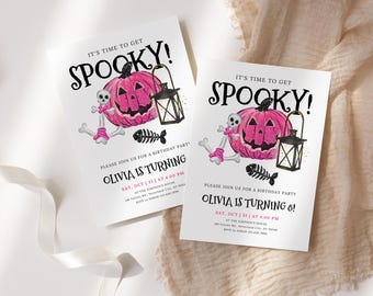 Editable Halloween Birthday Invitation Template, Pink Pumpkin Girl Party Invite, Spooky Skeleton Theme, Canva Printable Digital Download