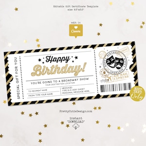Broadway Show Ticket Geschenkgutschein Geburtstag, druckbare Überraschungskarte, Broadway Show Ticket Vorlage, bearbeitbare Geburtstagsgutscheinvorlage