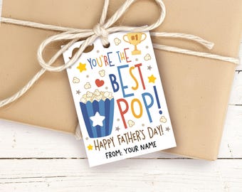 Father’s Day Gift Tag for Pop with Popcorn Pun and Trophy Artwork, Digital Download
