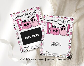 Halloween Gift Card Holder Printable, Thanks for All You Boo Card, Teacher Appreciation Halloween Gift, Pink Pumpkin Theme Instant Download