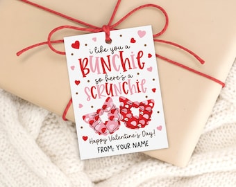 Scrunchie Valentine Gift Tag Printable, I Like You A Bunchie, Treat Bag Label, Digital Download