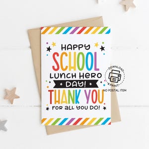 Druckbare Schulmittagskarte, Regenbogen Dankeschön Hinweis für Cafeteria-Personal, Lunch Lady Wertschätzung Sofortiger digitaler Download