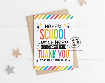 Printable School Lunch Hero Day Card, Rainbow Thank You Note for Cafeteria Staff, Lunch Lady Appreciation Instant Digital Download