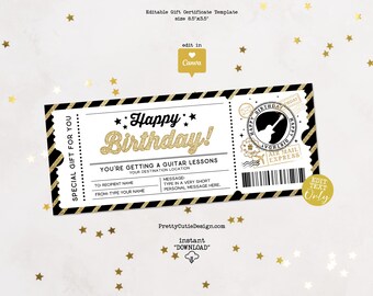 Guitar Lessons Gift Certificate Editable Template, Birthday Surprise Ticket, Music Lessons Gift Voucher Printable, Birthday Coupon Template