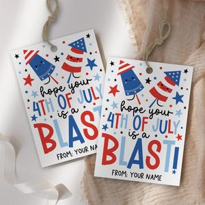Patriotic printable tag with bold text and playful firework graphics, great for decorating party gifts and treats for your holiday gathering