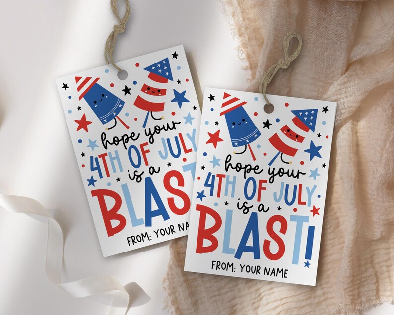 Patriotic printable tag with bold text and playful firework graphics, great for decorating party gifts and treats for your holiday gathering