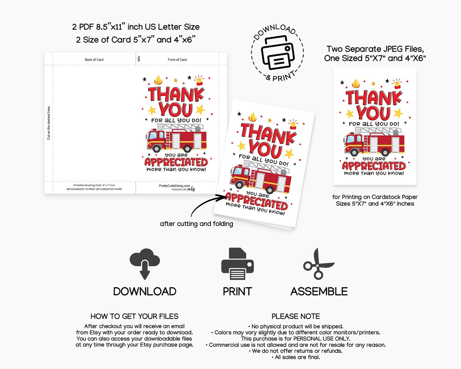 Firefighter Thank You Card: Fire Truck Design (PDF) - Etsy