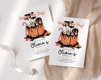 Editable Halloween Birthday Invitation for Kids, Cute Orange and Black Ghost Cake Party Invite, Digital Printable Canva Template