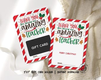 Christmas Teacher Gift Card Holder Printable, Thank You Appreciation, Instant Download