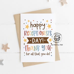 Cartão de felicitações para o dia da recepcionista para impressão, cartão para o dia do administrador, agradecimento aos funcionários do escritório, cartão de agradecimento para recepcionista ou administrador