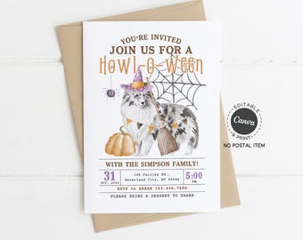 Halloween Dog Party Invitation: Howl-o-ween Puppy Card (Canva Template Digital Download)