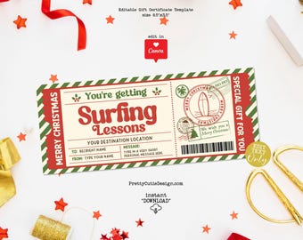 Christmas Surfing Lessons Gift Certificate Template Printable, Editable Surfing Lessons Gift Certificate, Christmas Surprise Ticket Coupon