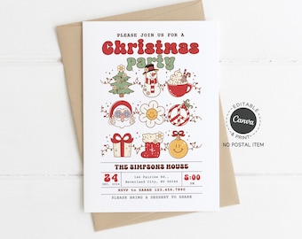 Christmas Party Invitation Template, Retro Doodle Icons, Editable Canva, 5x7 Digital Download
