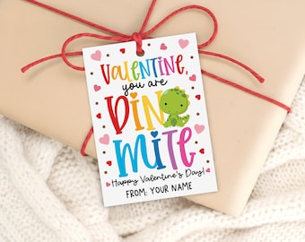 Dinosaur Valentine Gift Tag Printable, Dino-Mite Pun, Classroom Treat Bag Label, Digital Download