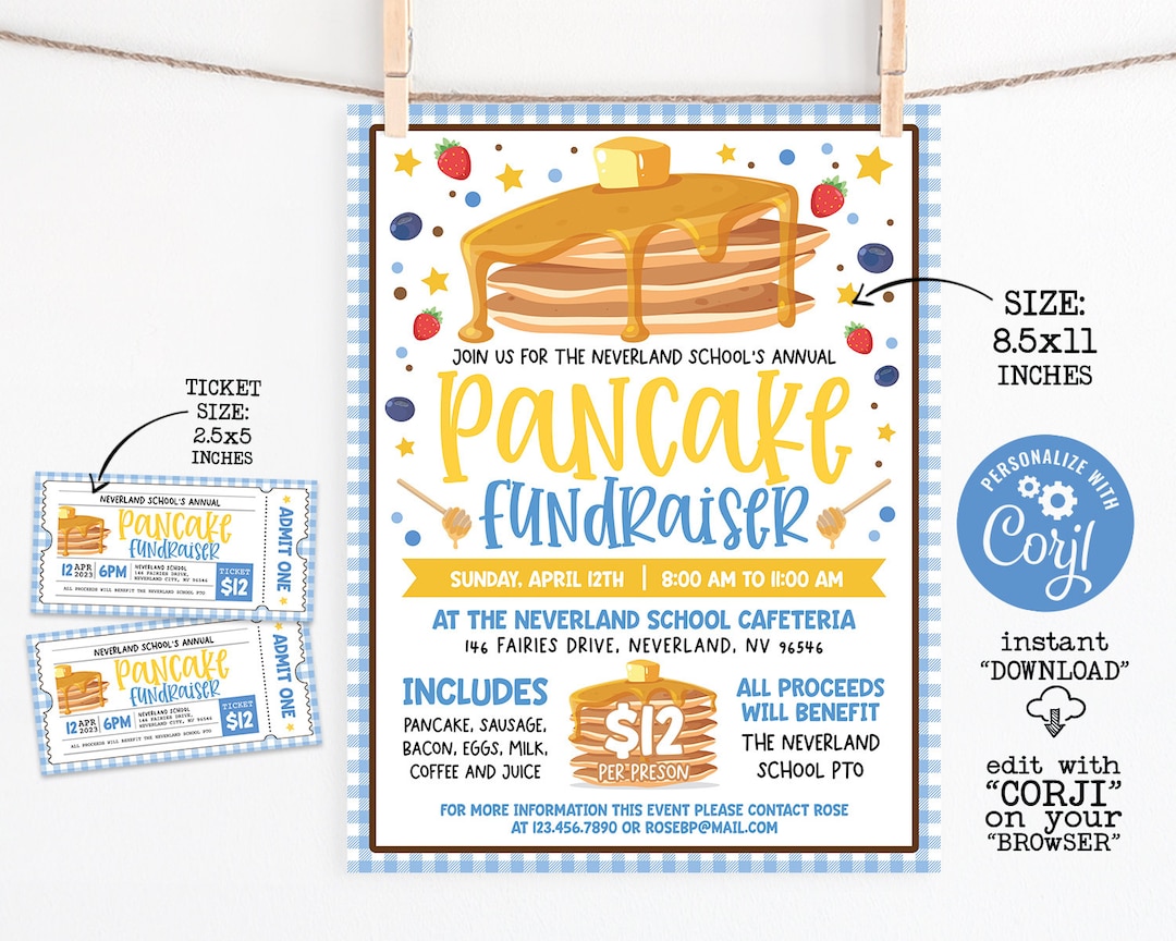 Editable Pancake Breakfast Fundraiser Flyer & Ticket Template, School