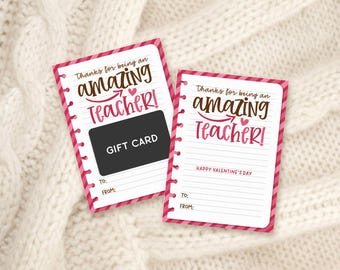 Teacher Valentine Gift Card Holder Printable, Notebook Style Appreciation Card, Digital Download