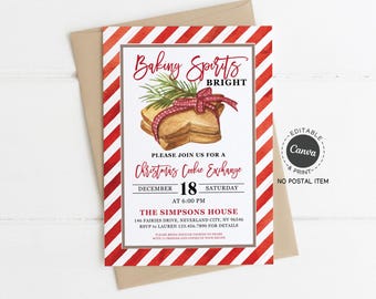 Christmas Cookie Exchange Invitation Template: Red Candy Cane Stripe, Editable Canva, Printable 5x7 (Digital)