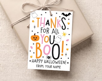 Etichetta regalo di ringraziamento per Halloween stampabile, Grazie per tutto Boo, Etichetta per sacchetto fantasma rosa e arancione, Bomboniera per festa a tema zucca, Cestino Boo, Download digitale