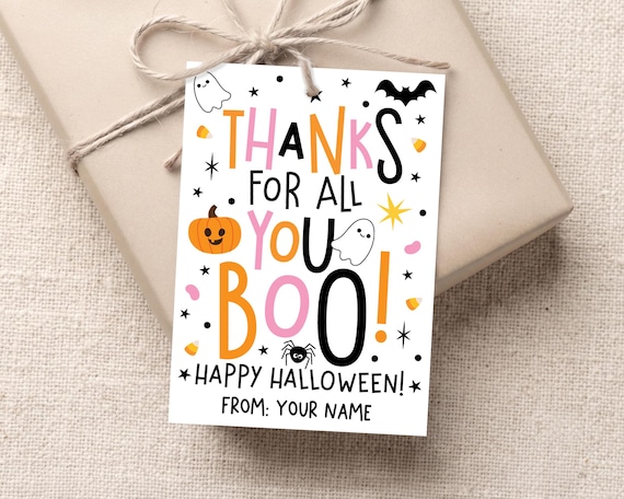 Halloween Thank You Gift Tag Printable, Thanks for All You Boo, Pink Orange Ghost Bag Tag, Pumpkin Party Favor, Boo Basket, Digital Download