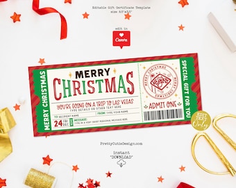 Christmas Las Vegas Trip Ticket, Surprise Gift Voucher, Printable Las Vegas Gift Ticket Coupon, Editable Christmas Gift Certificate Template