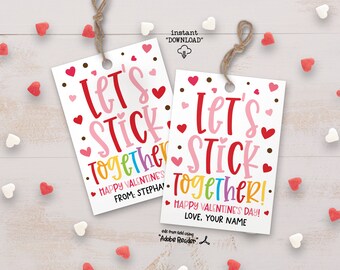 Let's Stick Together Valentine Tag, Classroom Valentine Stickers Gift Tag Printable Favor Tags, Non Candy Valentine Gift Tag For Kids