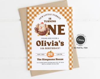 Thanksgiving Birthday Invitation Template: Little Turkey First Birthday Party, Editable Fall Invite