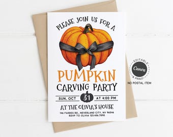 Pumpkin Carving Party Invitation: Fall Halloween Canva Template (5x7" Printable PDF)