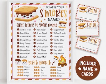 S’mores Name Game Printable, Camping Birthday Party Activity for Kids Adults, Cute Marshmallow Name Tag Cards, Instant Download Game