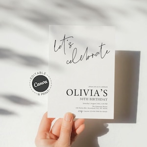 Faire-part d'anniversaire minimaliste, invitation à une fête moderne noir et blanc, carte d'anniversaire adulte à imprimer pour elle, design simple et élégant