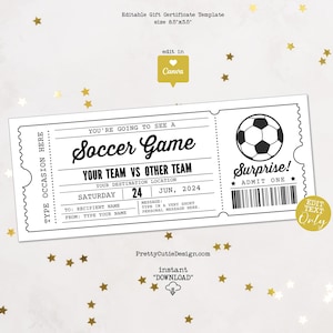 Fußball Spiel Ticket druckbare Geburtstag Gutschein Vorlage, Fußball Spiel Tag Fake Ticket Vorlage, Fußballspiel Überraschung Geschenk offenbaren