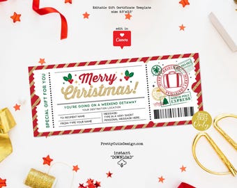 Christmas Weekend Getaway Surprise Gift Ticket Voucher, Holiday Trip Certificate Template, Editable Hotel Reservation Reveal Ticket Coupon