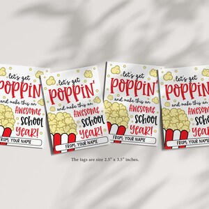 Classroom treat tag with popcorn illustration and back to school greeting, digital instant download format for easy home printing and use