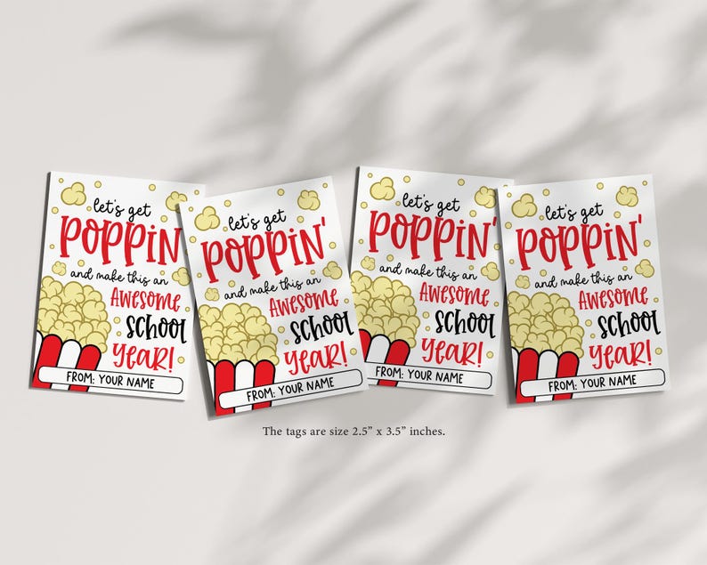 Classroom treat tag with popcorn illustration and back to school greeting, digital instant download format for easy home printing and use
