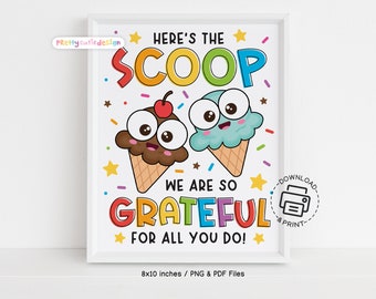 Appreciation Sign Printable, Here's The Scoop Ice Cream Bar Sign Printable, Thank You Teacher and Staff Appreciation Food Table Sign