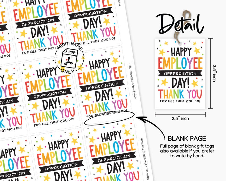 Employee Appreciation Day Thank You Tag Printable (PDF) - Etsy
