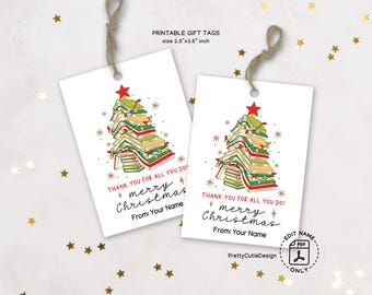 Christmas Gift Tags Printable, Book Tree Teacher Librarian, Staff Appreciation Holiday Labels