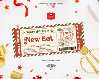 New Cat Christmas Gift Certificate Template Printable, Editable Pet Kitty Cat Gfit Voucher, Christmas Surprise Ticket Coupon For Kids