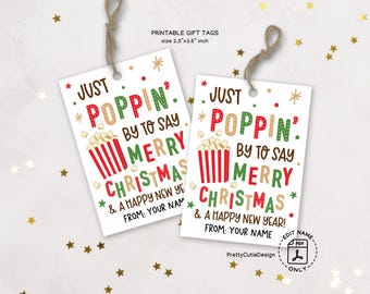 Popcorn Gift Tags Printable, Poppin’ By Merry Christmas, Happy New Year