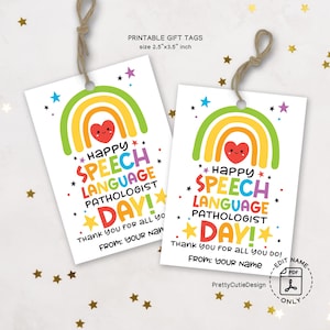 Logo patholoog spraaktaal, afdrukbaar regenboog SLP waardering, bedankcadeaulabel voor SLP Day direct downloaden