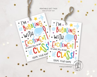 Back to School Teacher Gift Tags Printable, Bubbling with Excitement Tags, Bubble Themed First Day of School Favor Tags for Students
