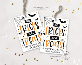 Halloween Gift Tags Printable: No Tricks Just Treats Favor Label, School Kids or Classroom Party
