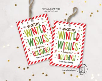Winter Wishes Gift Tags Printable, Warm Holiday Favor Labels, Christmas Packaging