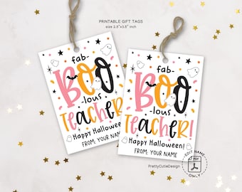 Teacher Halloween Gift Tags Printable, Fab-Boo-Lous Teacher Tag, Halloween Tag for Teacher Appreciation, Classroom Halloween Ghost Bat Theme