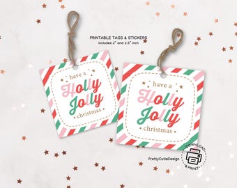 Holly Jolly Christmas Gift Tags: Pink Candy Stripe (Digital Download)
