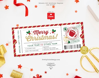 Surprise Football Game Gift Voucher, Football Christmas Gift Ticket, Sports Gift Ticket Coupon, Editable Football Certificate Template