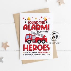 Carte de remerciement pompier à imprimer, carte de remerciement pour les héros qui sonnent l'alarme, carte de fête des pompiers, carte de voeux de camion de pompier