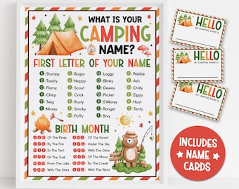 Camping Name Game Printable, What's Your Camping Name, Kids Camp Party Activity with Nature Name Tags, Forest Adventure Name Chart