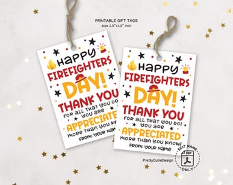 Firefighter Appreciation Tags Printable, Happy Firefighters Day Gift Tags, Thank You Firefighter Treat Tags, Fire Truck Party Favor Tags